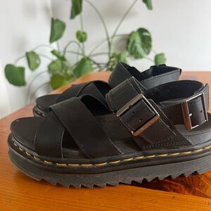 Dr. Martens Black Leather Platform Sandals with Yellow Stitching